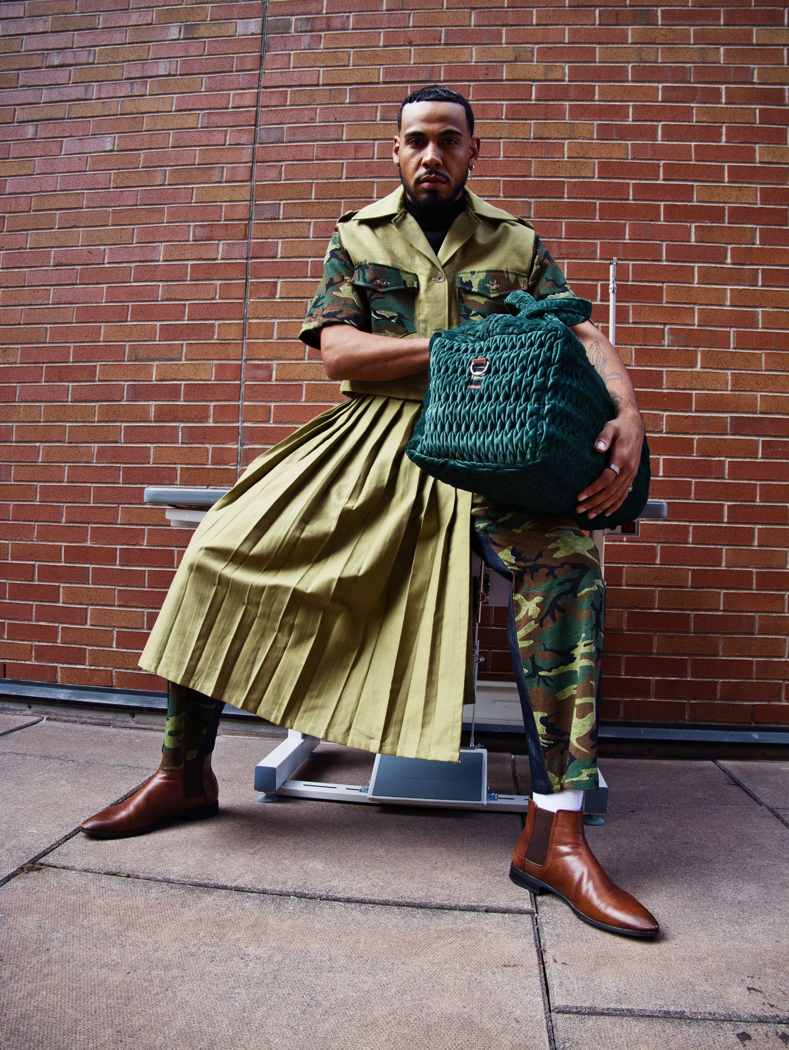 Camo Camp Shirt with the Olive Pleated Wrap Skirt