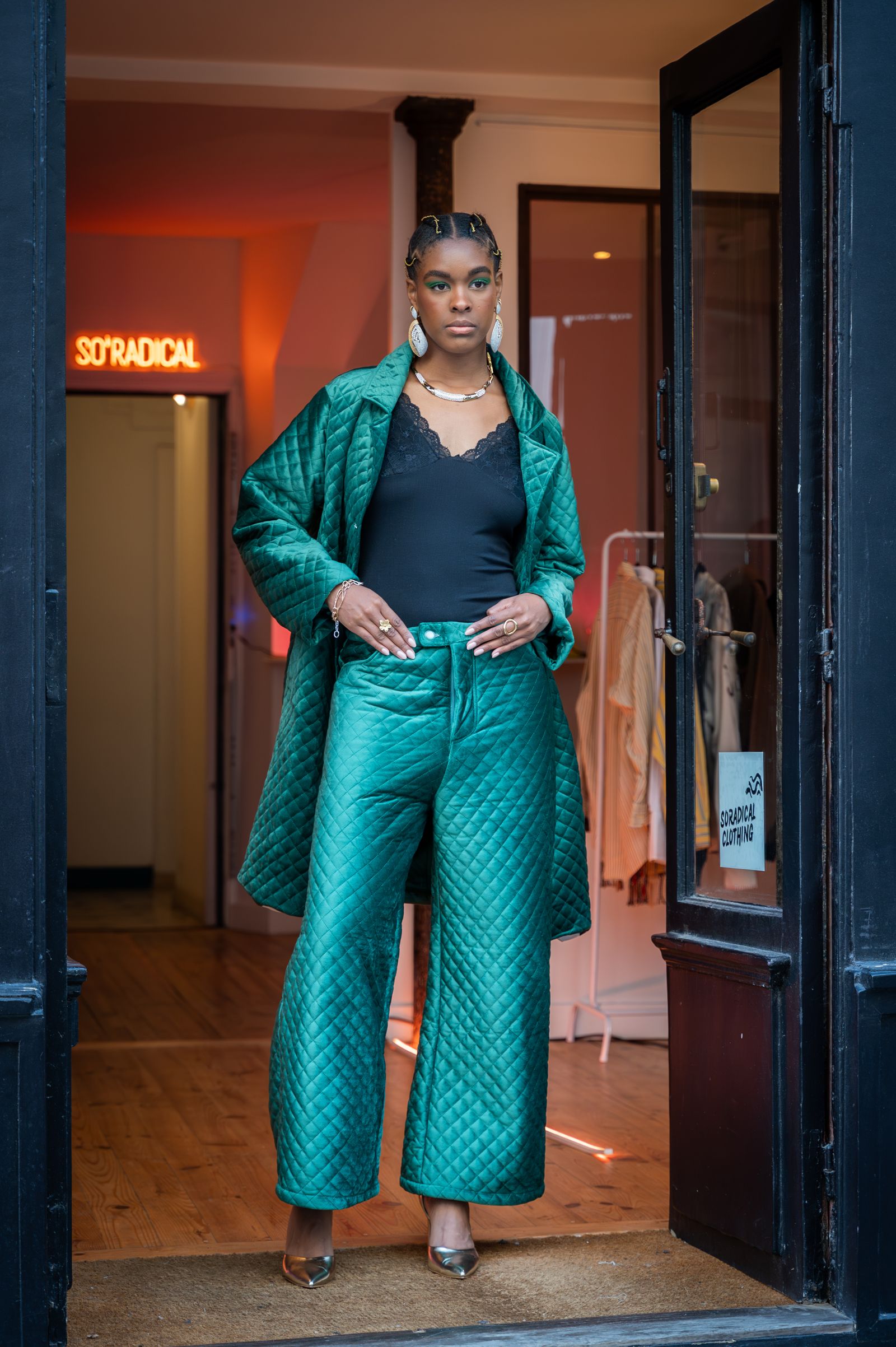 Teal Quilted Coat with the Teal Quilted Pants